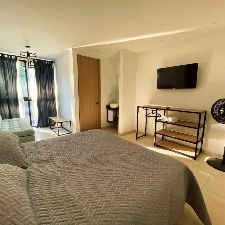Doble con vista a la calle: cama doble, televisor y repisa metálica en Trip Monkey Del Río