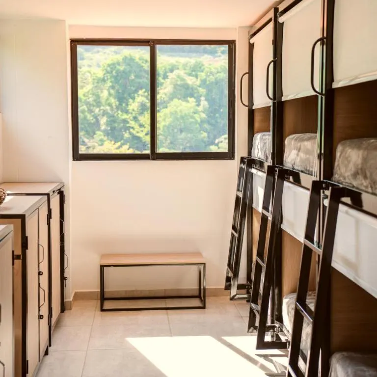 Habitación Grupal para 8 de Trip Monkey Del Río con camas en literas y ventana a la montaña